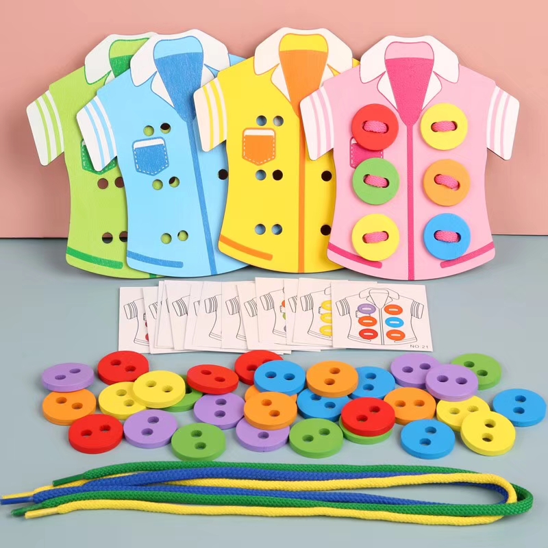 Wooden Clothes Buttons Threading kit With 30 Patterns Art Craft Lacing