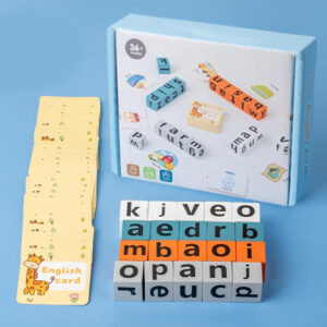 word spelling game with cards and wooden letter blocks