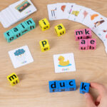 word spelling game with cards for preschoolers with wooden Letters Blocks