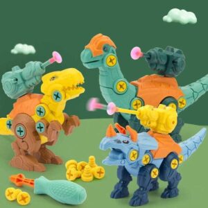 kids assembling dinosaur toy with soft darts