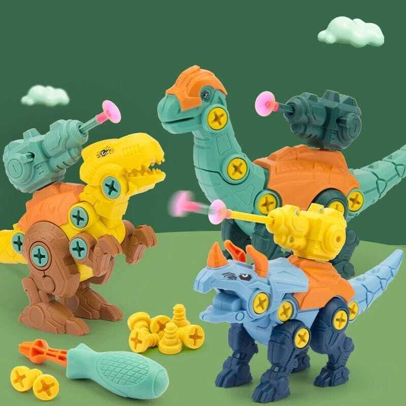 kids assembling dinosaur toy kit with soft darts kids assembling dinosaur toy with soft darts