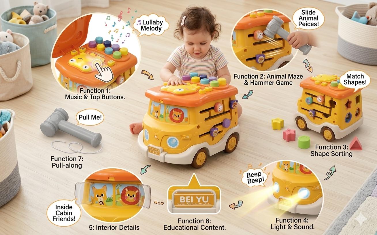 shape sorting bus for toddlers with music,light and hammer,maze,motor skills,sensory development game baby activity shape sorting bus for toddlers with music,light and hammer,maze,motor skills,sensory development game