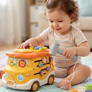 baby activity shape sorting bus for toddlers with music,light and hammer,maze,motor skills,sensory development game