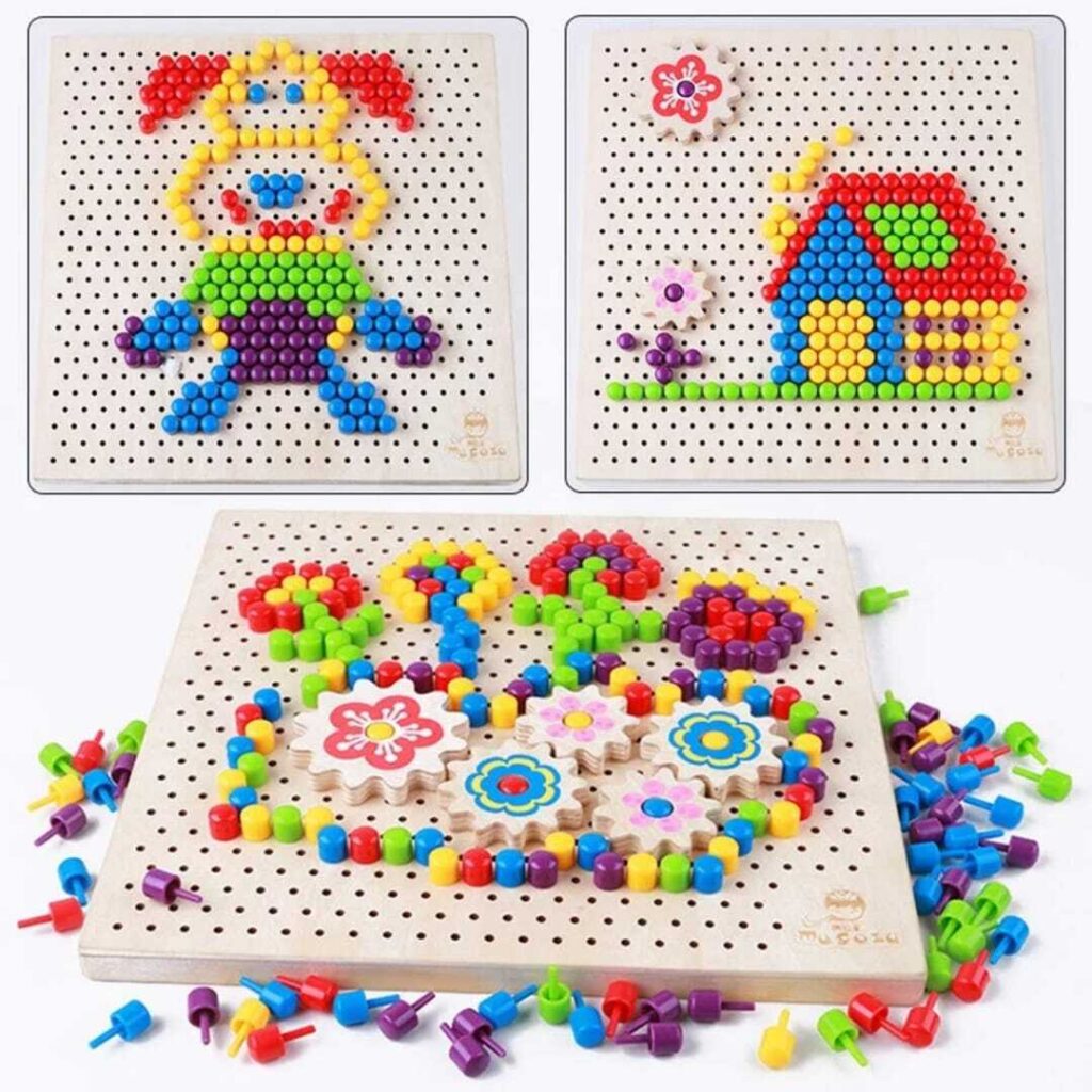 wooden peg board with gears