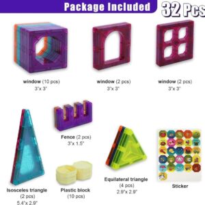 Includes 32 colorful, translucent geometric pieces such as squares, triangles, and frames with window or pattern inserts