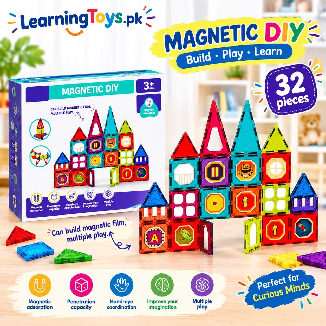 magnetic building blocks Magnetic DIY" 32-piece magnetic building tile set designed for children aged 3 years and up